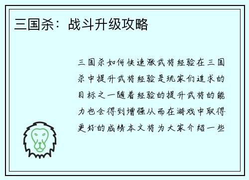 三国杀：战斗升级攻略