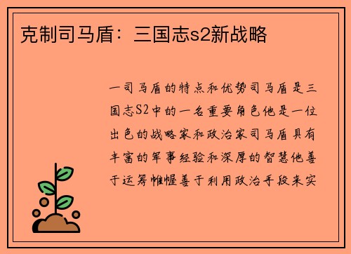克制司马盾：三国志s2新战略